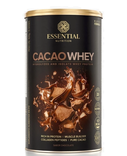 Cacao Whey, Blend de Whey Protein Hidrolisado e Isolado, Cacau Gourmet e Peptídeos de Colágeno hidrolisado, 420g, Essent