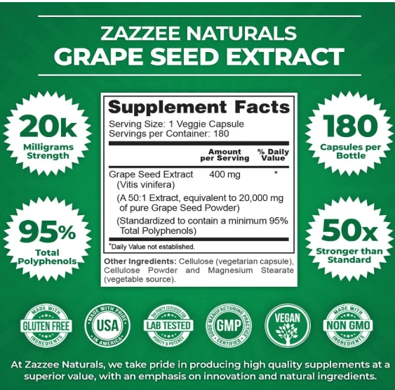 Grape Seed Extract, Semente de Uva 20.000mg, 180 Cápsulas,  Zazzee