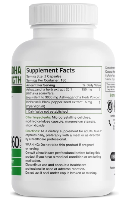 Ashwagandha Extra Strength, 360 Cápsulas, Bronson