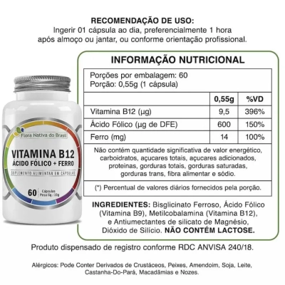 Vitamina B12, Ácido Fólico + Ferro, 60 Cápsulas, Flora Nativa