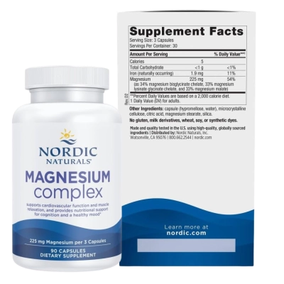 Magnesium Complex, Relaxamento Muscular, Sono e Vitalidade, 225mg,  90 Cápsulas, Nordic Naturals