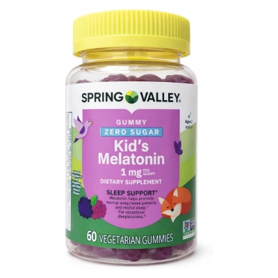 Melatonin Gummies for Kids 1mg, Melatonina Vegetariana, 60 Gomas Raspberry, Spring Valley