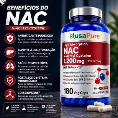 NAC 1200mg, Saúde do Fígado, Imunidade e Equilíbrio do Organismo, 180 Cápsulas, NusaPure