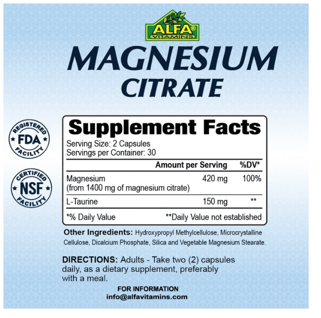 Citrato de Magnésio, 1400mg, 60 Cápsulas, Alfa Vitamins
