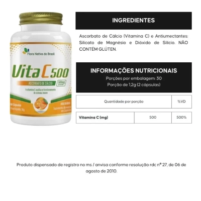 Vitamina C, 500mg, 60 Cápsulas, Flora Nativa Do Brasil
