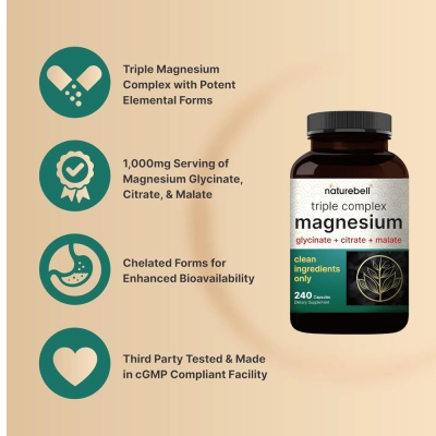 Magnésio Triple Complex, Relaxamento, Qualidade do Sono e Equilíbrio Diário, 240 Cápsulas, NatureBell
