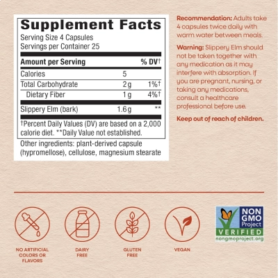 Slippery Elm 1600mg, Conforto Digestivo e Bem-Estar Intestinal, 100 Cápsulas, Nature’s Way