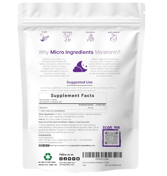 Melatonina 20mg, 400 Tablets Sabor Morango, Microingredients