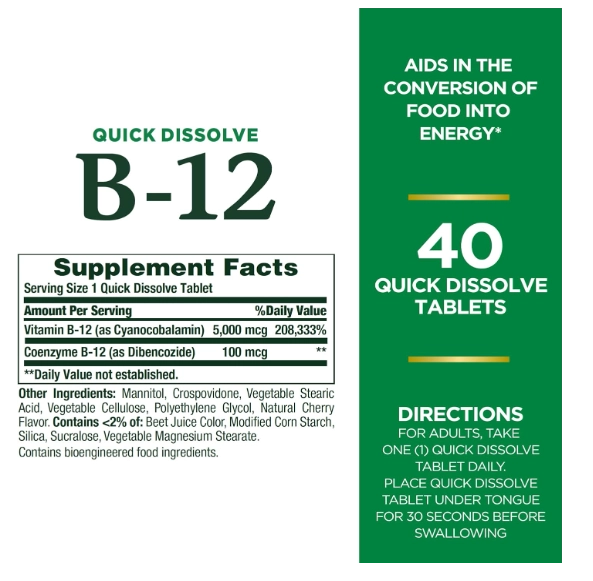 Vitamina B-12, 5000mcg, 40 Comprimidos sublingual, Natures Bounty