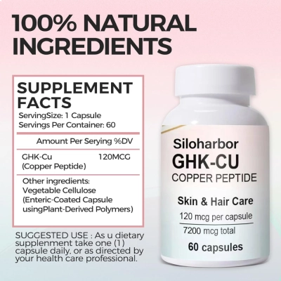 GHK-Cu, 120mcg, Saúde da Pele, Colágeno, Cabelos e Unhas, 60 Cápsulas, Siloharbor