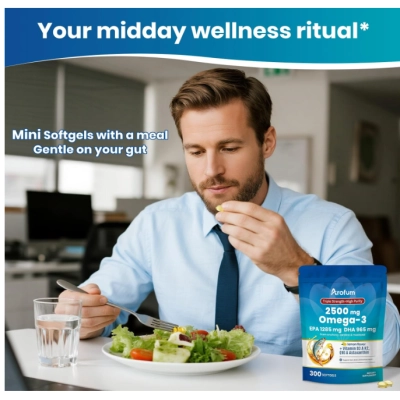 Omega 3, Fish Oil 2500mg, com Vitamina D3 e K2, 300 Cápsulas Sabor Limão, Arofum