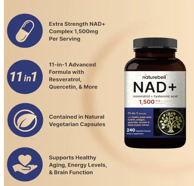 NAD+ 1500mg, com Resveratrol Plus Ácido Hialurônico, Quercetina, Fisetina e Colágeno, 240 Cápsulas, NatureBell