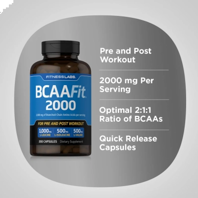 BCAA Fit 2000, Recuperação, Resistência e Performance no Treino, 200 Cápsulas, Fitness Labs