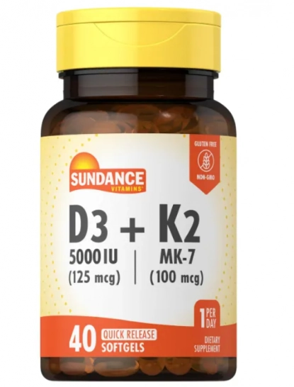 Complexo K2 MK7 100mcg, com D3 5000UI, 40 cápsulas, Sundance