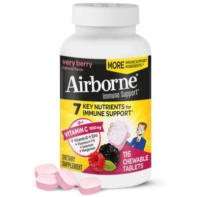 Vitamina C 1000mg, Reforço Imunológico com Vitaminas, Zinco, Selênio e Gengibre, 116  Comprimidos Mastigáveis, Airborne 