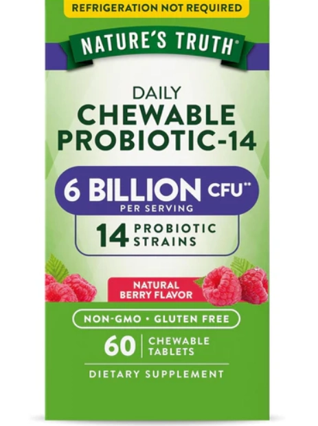 Probiótico mastigável, 6 bilhões de UFC, 60 Comprimidos Sabor Frutas, Nature's Truth