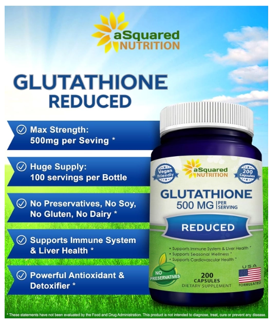 Glutationa 500mg, Apoiar a Saúde do Fígado e Desintoxicação, 200 Cápsulas, aSquared Nutrition
