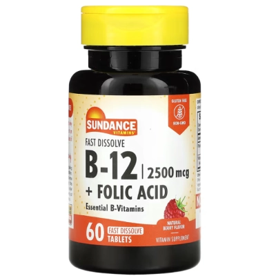 Vitamins B12 + Ácido Fólico, 60 Comprimidos Sabor Fruto Silvestre, Sundance 