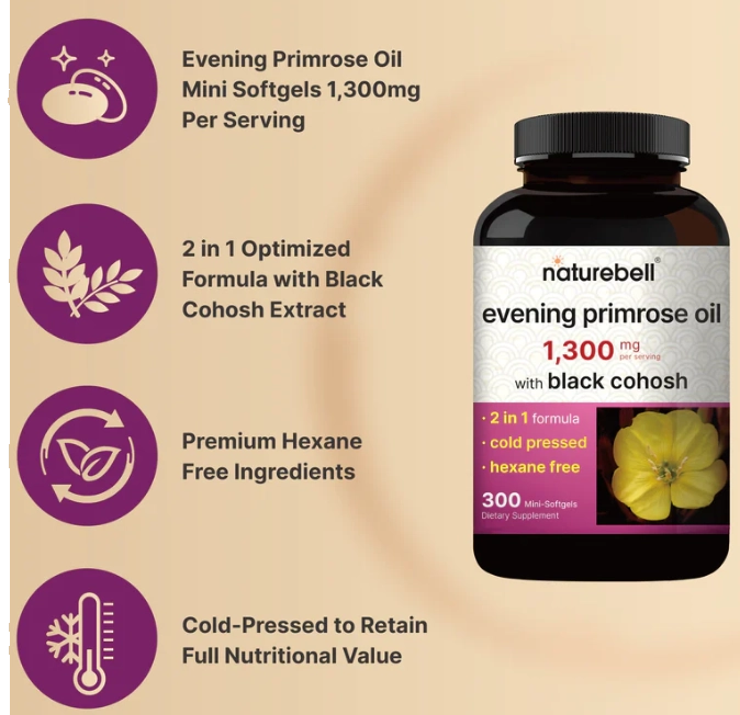 Óleo de Prímula com Black Cohosh, Evening Primrose 1300mg, 300 Minicápsulas, NatureBell