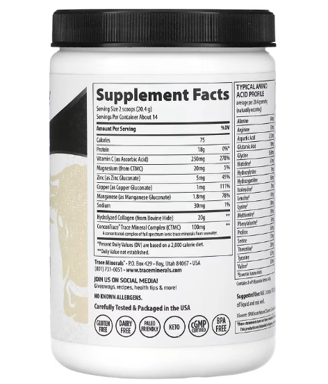 Peptídeos de Colágeno, Sem sabor, 286g, Trace Minerals