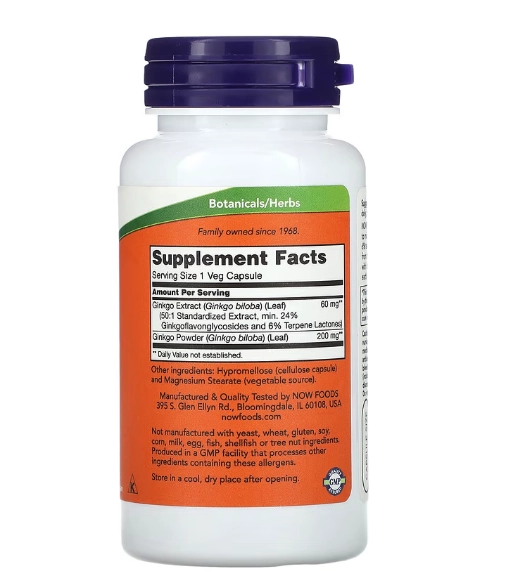 Ginkgo Biloba 60mg, 60 Cápsulas, Now