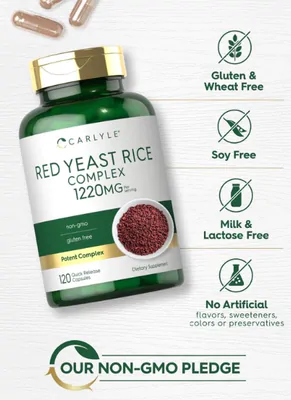 Levedura de Arroz Vermelho, Red Yeast Rice, com Policosanol, 1220mg, 120 Cápsulas, Carlyle