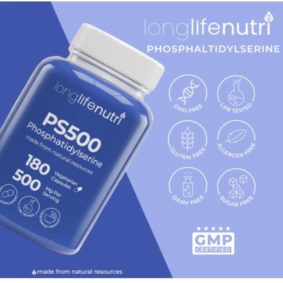 Phosphatidylserine 500mg, Fosfatidilserina  Suplemento Nootrópico para o Cérebro, 180 Cápsulas, LongLifeNutri 