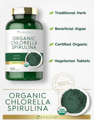 Organic Chlorella 500mg Spirulina 500mg, 1300 Comprimidos, Carlyle