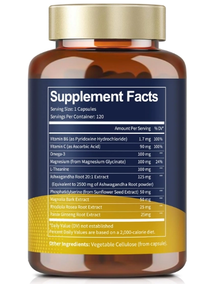 Cortisol com Ashwagandha, Magnésio, Rhodiola Rosea, L Teanina, Equilíbrio Hormona, 120 Cápsulas, Totaria