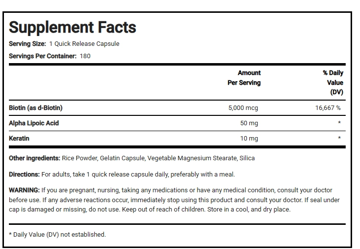 Biotina 5000mcg Com Queratina, 180 Cápsulas, PipingRock