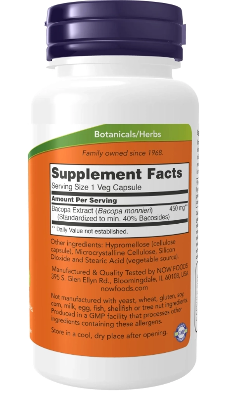 Extrato de Bacopa 450mg, 90 Cápsulas, Now