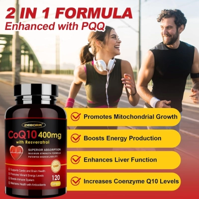 CoQ10 400mg + PQQ, Trans-Resveratrol e Vitamina E, 120 Cápsulas, ZEBORA