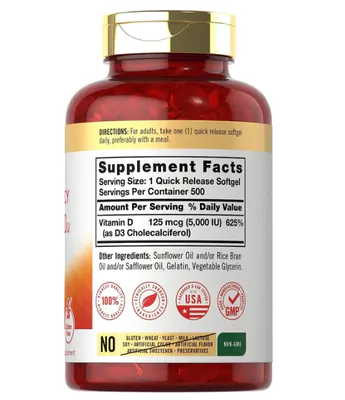 Vitamina D-3 5000UI, 500 cápsulas, Carlyle