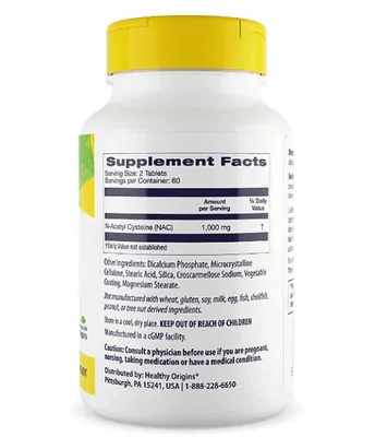 NAC N-Acetil Cisteína 1000mg, 120 Tabletes, Healthy Origins