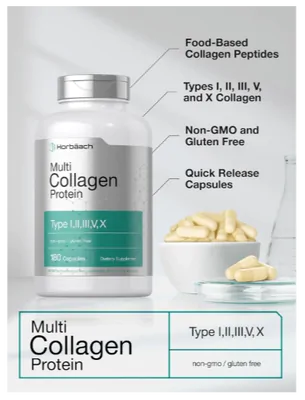 Multi Collagen Protein 2000mg, Tipos I, II, III, V, X, 180 Cápsulas, Horbaach