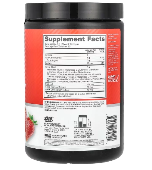 Essential AMINO Energy, Sabor Juicy Strawberry Burst, 270g, Optimum Nutrition