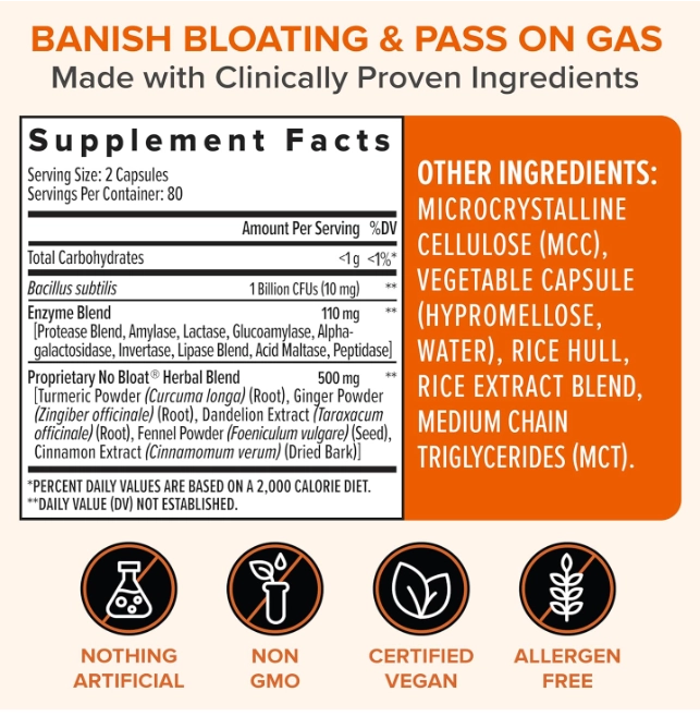 No Bloat Digestive Enzymes com Lactase, 160 Cápsulas, Zenwise