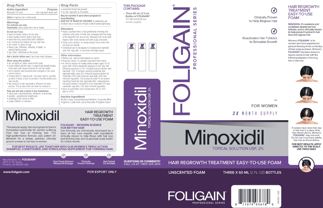Foligain Minoxidil 2%, Espuma para crescimento Capilar para Mulheres, Três frascos de 60ml
