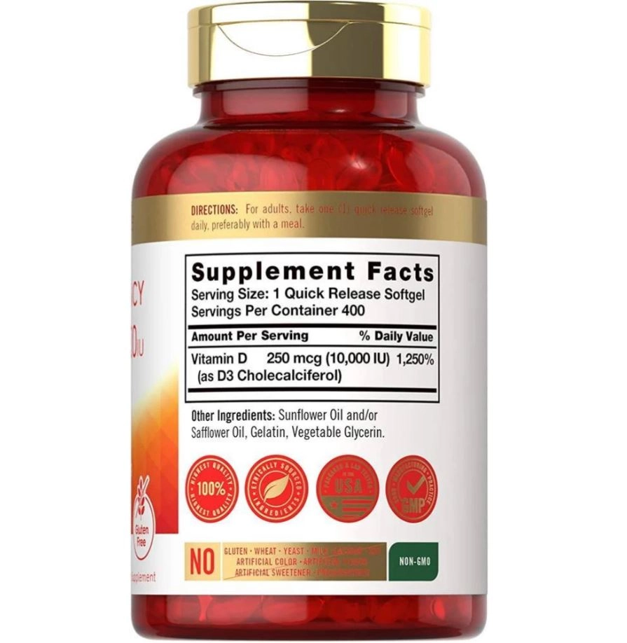 Vitamina D 10000 IU, (250mcg) 400 Cápsulas, Carlyle