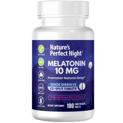 Melatonina 10mg de Alta Potência, 180 Comprimidos Sabor Frutas Vermelhas, Nature's Perfect Night