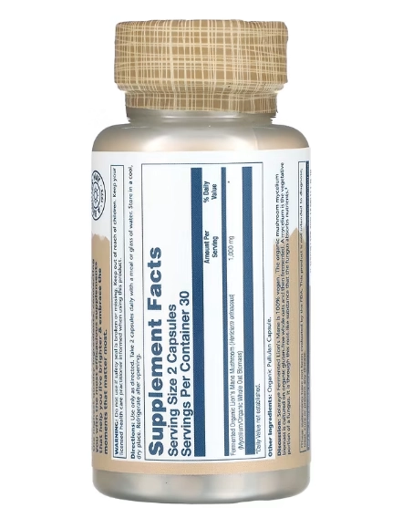 Lion's Mane, Juba de Leão Fermentado Orgânico, 500mg, 60 Cápsulas, Solaray