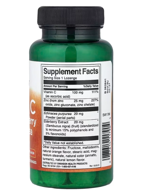 Zinco e C com Sabugueiro e Echinacea, 60 Pastilhas Sabor Laranja e Limão, Swanson