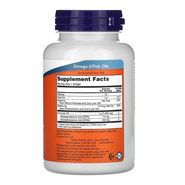 Cod Liver Oil, Óleo de Fígado de Bacalhau, 1000mg, 90 Cápsulas, Now