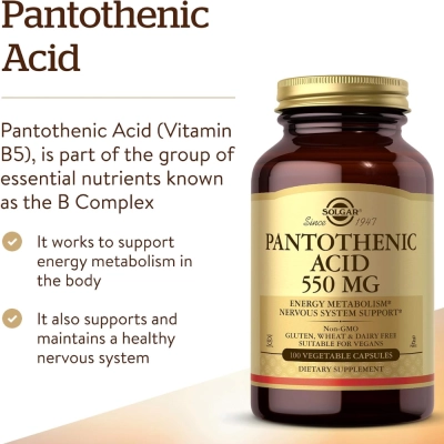 Ácido Pantotênico (Vitamina B5), 550 mg, 100 Cápsulas, Solgar