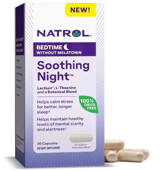 Relaxing Nighttime Sleep Aid, Com Lactactium L-Theanine, Camomila, lavanda e Erva-cidreira, 30 Cápsulas, Natrol