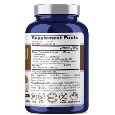 Tribulus Terrestris 1000mg, Extrato Concentrado, 120  Cápsulas, NusaPure