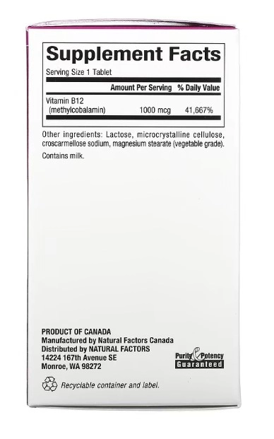 Vitamina B-12, Mecobalamina, 1.000mcg, 90 Comprimidos, Natural Factors