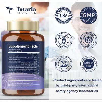 GLP-1 Natural Support, Com Probiótico Akkermansia, Cloridrato de Berberina e Garcinia, 120 Cápsulas, Totaria Health