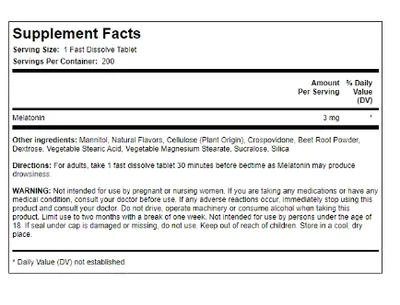 Melatonina 3mg, 200 Tablets, PipingRock