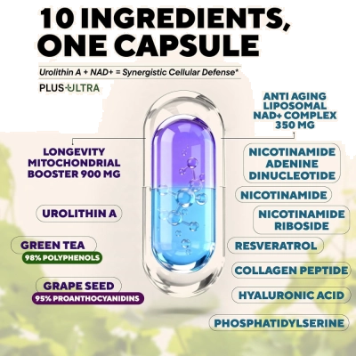 Urolithin A + Lipossomal 10 em 1 com NR e resveratrol, 1250mg, 60 Cápsulas, Plus+Ultra